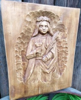 Płaskorzeźba sw.Agata z drewna lipowego.